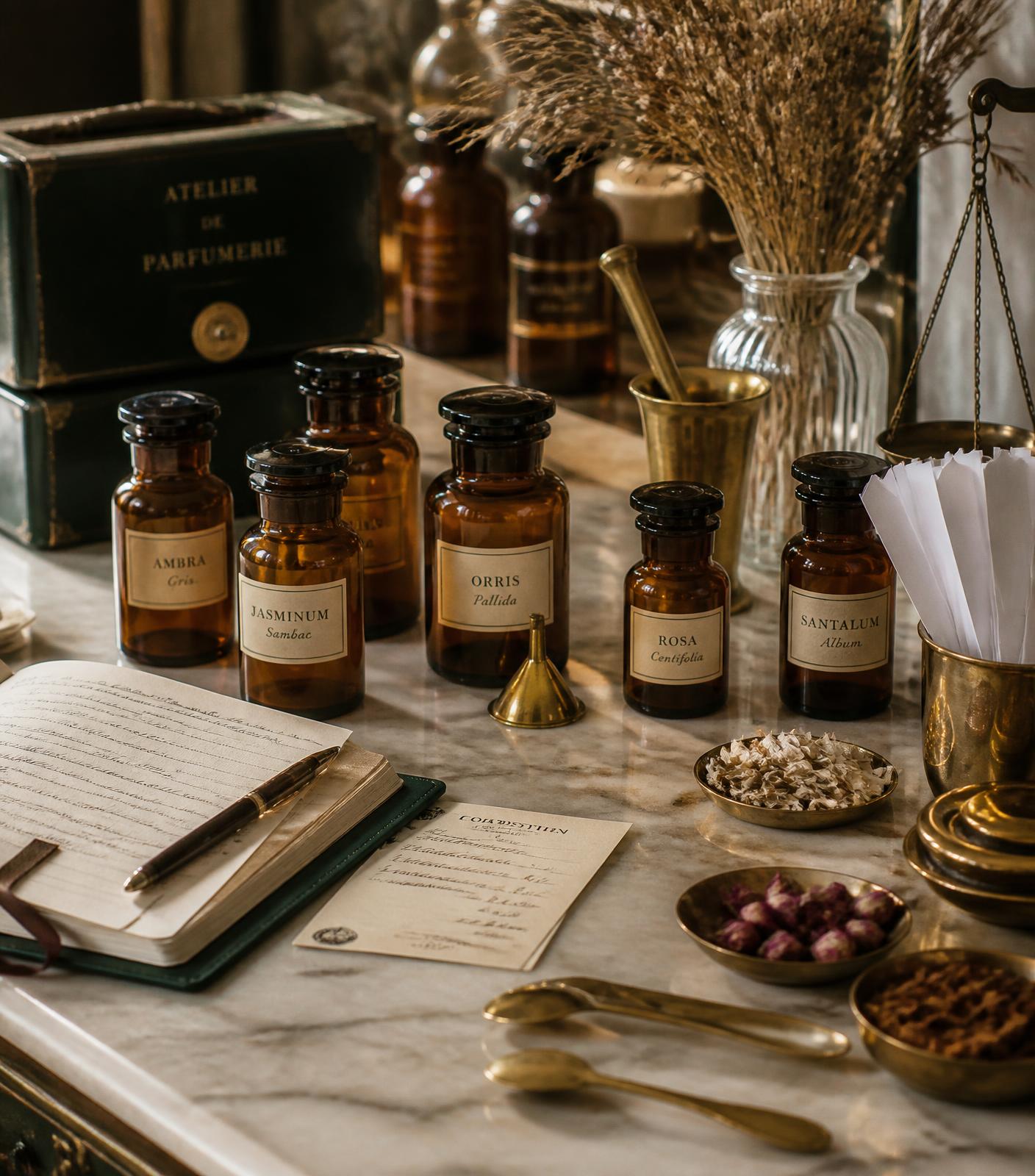 Perfumer's atelier with amber ingredient vials and brass tools